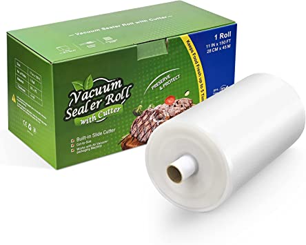 11’’ x 150’ Vacuum Sealer Roll Keeper with Cutter, Vacuum Sealer Bags for Food, Food Saver Bags Rolls, BPA Free, Commercial Grade, Great for Storage, Meal prep and Sous Vide (28cm x 45m, 1 Roll)