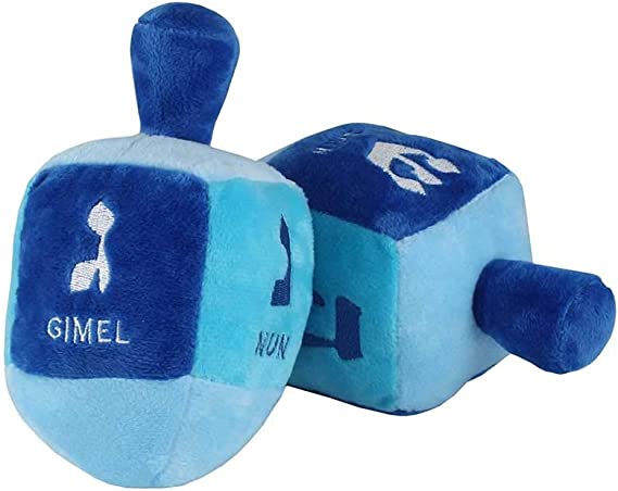 Aviv Judaica Stuffed Plush Dreidel with Rattle for Hanukkah - 6" x 3" Embroidered with The Hebrew Drydel Letters and English Transliteration Chanukah Gift