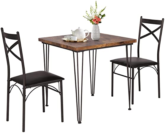 VECELO 3 Piece Kitchen Dining Room Table and Chairs Set for Dinette, Breakfast Nook, Farmhouse, Small Space, Modern Industrial Style, 2, Vintage Brown