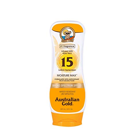 Australian Gold Sunscreen Lotion, Moisture Max, Infused with Aloe Vera, Broad Spectrum, Water Resistant, SPF 15, 8 Ounce