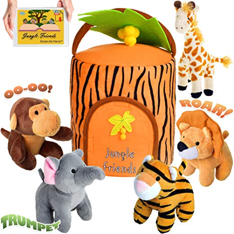 Plush Jungle Animals Toy Set   Carrier   e-Book | Realistic Sounds & Improved Design for Babies & Toddlers | Stuffed Giraffe, Elephant, Monkey, Tiger, Lion & Animal House   e-Book