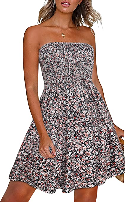 CHICGAL Summer Dresses for Women Beach Cover Ups Strapless Boho Floral Print Sundress