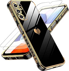 LeYi for Samsung Galaxy A14 5G Case: with Tempered Glass Screen Protector [2 Pcs], Love Heart Plating Girly Women Cute Luxury Soft TPU Shockproof Case for Samsung A14 5G, Black