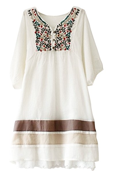 Asher Fashion Women's Tunic V Neck Embroidered Peasant Bohemian Dress