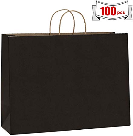 BagDream 100Pcs 16x6x12 Inches Kraft Paper Bags with Handles Bulk Gift Bags Shopping Bags for Grocery, Mechandise, Party, 100% Recyclable Large Black Paper Bags