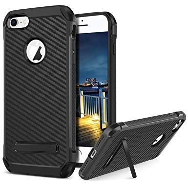 BENTOBEN iPhone 7 Case/iPhone 8 case Black Carbon Fiber Texture with Kickstand 2 in 1 Slim Heavy Duty Hard PC Cover Soft TPU Bumper Protecive Shockproof Phone Case Cover with Stand -Black