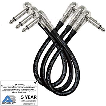 3 Units - 12 Inch - Audioblast HQ-1 - Ultra Flexible - Dual Shielded (100%) - Instrument Effects Pedal Patch Cable w/ ¼ inch (6.35mm) Low-Profile, R/A Pancake Type TS Connectors & Dual Staggered Boots