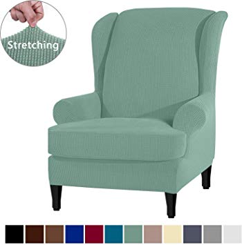 AUJOY Wingback Chair Cover Slipcover Stretch 2-Piece Couch Covers Jacquard Spandex Fabric Wing Back Armchair Sofa Protector with Anti-Slip Foams and Straps (Wing Chair, Matcha Green)