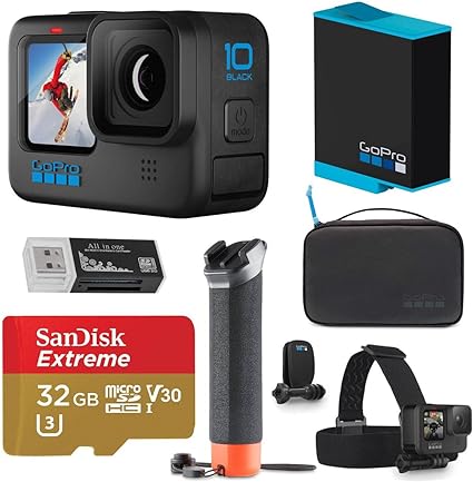 GoPro HERO10 Black, Waterproof Action Camera, 5.3K60/4K Video, 1080p Live Streaming, Bundle with Adventure Kit, Extra Battery, 32GB microSD Card, Card Reader