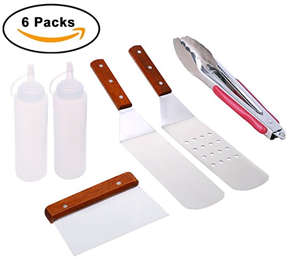 6 Piece BBQ Grill and Griddle Tool Kit-2 Spatulas,1 Chopper Scrapper,1 Tongs,2 Condiment Bottles,Great for Flat Top Cooking Camping Tailgating Teppanyaki,Perfect for both Outdoors Indoors