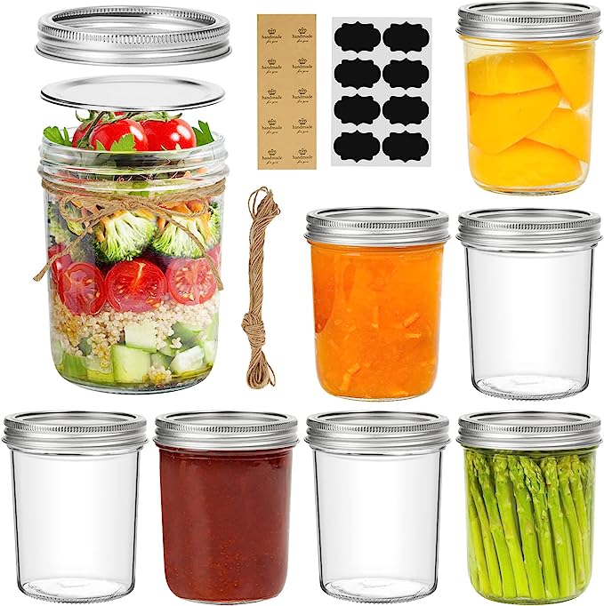 ComSaf Wide Mouth Mason Jars 16oz - 8 Pack, Pint Mason Jars with Lids and Seal Bands, Glass Canning Jars for Pickling, Jam, Jelly, Honey, Salad, Desert, Shower Wedding Favors, DIY Candles Decor