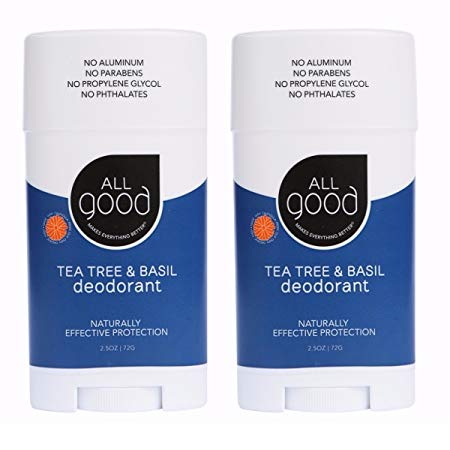 All Good Deodorant for Women, Men, Kids - Organic Ingredients & Essential Oils - Aluminum Free - Non GMO - Vegan - 2.5 oz Stick (Tea Tree & Basil)(2-Pack)