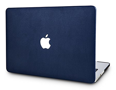 KEC MacBook Pro 15" Case (2017 & 2016 Touch Bar) Leather Case Cover Folio Italian Pebble Leather A1707 (Navy Blue Leather)