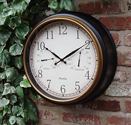 Outdoor Garden Wall Clock Thermometer & Humidity 45cm Black Frame colour
