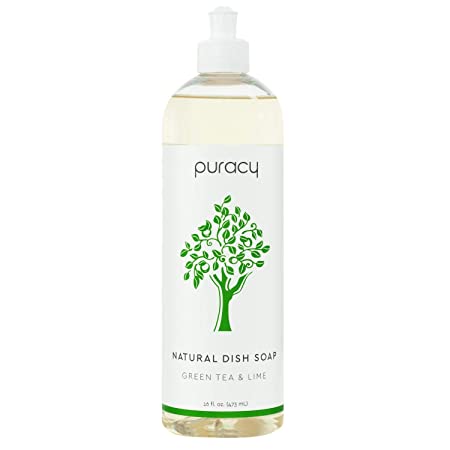 Puracy Natural Liquid Dish Soap Nontoxic Paraben-Free Baby Safe Dishwash Gel, Green Tea and Lime, Clear, 473ml