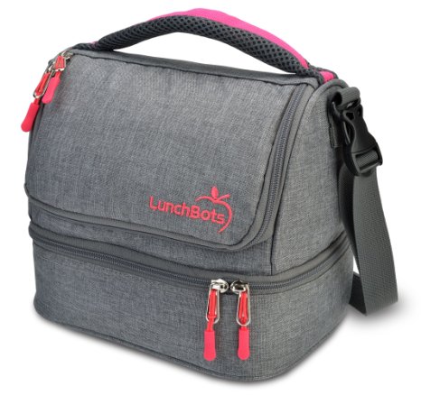LunchBots Duplex Insulated Lunch Bag - Two Sections Fit All LunchBots Containers Perfectly - Gray with Pink Trim - Fits Uno, Duo, Trio, Quad, Rounds, Bento, Thermal