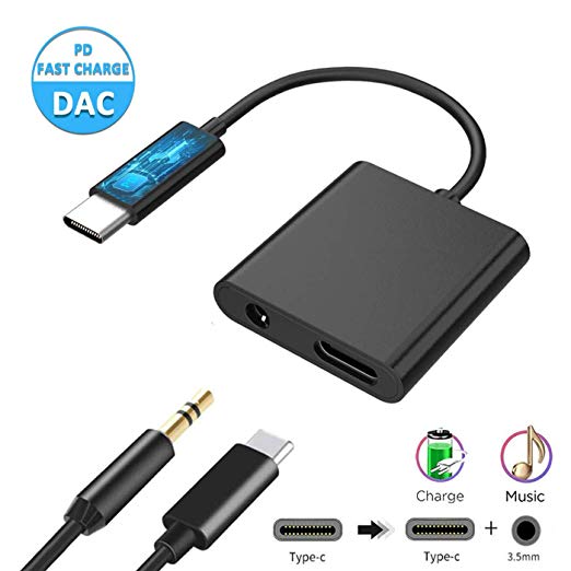 Type C PD Fast Charging Adapter 2 in 1 USB-C to 3.5mm Headphones Aux Audio Splitter Jack Adapter Compatible for Google Pixel 3/3 XL / 2 / 2XL, Samsung Note8 / S8 / S9Plus,LG iPad Pro 2018 - Black