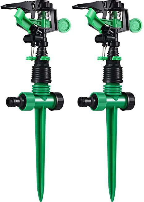 2 Pack 3/4 Inch PVC Lawn Sprinkler Pulsating Sprinkler on Plastic Spike Base with 2 Pieces Quick Connecting Adapters 360 Degree Irrigation Sprinkler Nozzle Sprayer for Outdoor Garden Yard