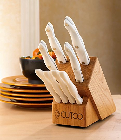 CUTCO Model 1810 Studio  4 Set with Pearl White Handles ................Includes #1720 Paring Knife, #1721 Trimmer, #1729 Petite Carver, #1768 Spatula Spreader, four #1759 Table Knives, #124 12" x 8" Poly Prep board and #1751 Honey Oak Block