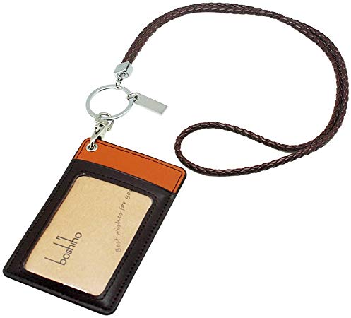 Boshiho Genuine Leather ID Card Badge Holder with Heavy Duty Lanyard Vertical Style (Brown Orange)
