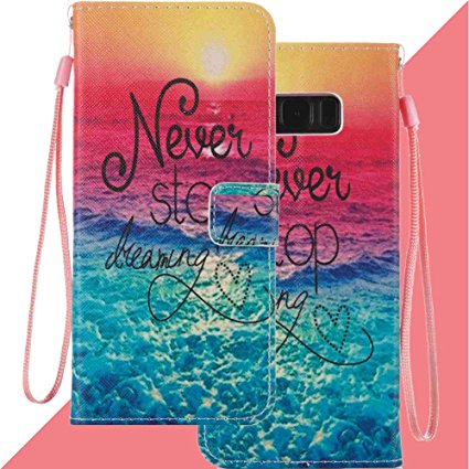 Leather Wallet case for Samsung Galaxy S8, Anti Scratch Flip Cover with Card Holder Embedded Detachable Durable Magnetic Soft Back Kickstand case for Galaxy S8 (Sea Sunrise)