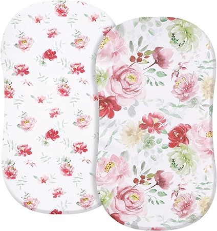 PHF Soft Bassinet Sheet Set, 2 Pack Silky Comfy Breathable Cradle Sheets for Baby Girls, Univeral Fit for Most Cradle and Bassinet Mattress, Watercolor Floral