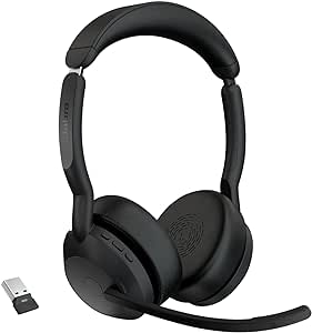 Jabra Evolve2 55 Micro-casque sans fil stéréo avec technologie Jabra Air Comfort, micros à réduction de bruit et ANC. Fonctionne avec les plateformes UC telles que Zoom et Google Meet - Noir