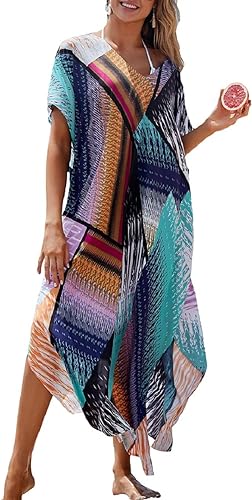 Bsubseach Women's Print Turkish Kaftan Beachwear Bikini Cover Up Maxi Dress