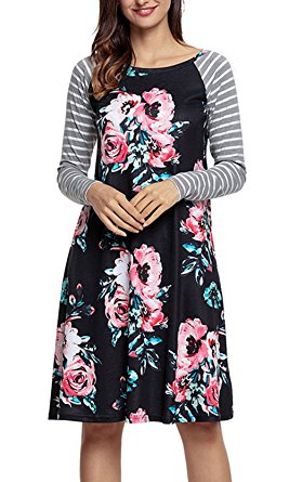 Kancystore Women's Floral Print Casual Long Sleeve Striped Loose T-shirt Dresses Knee Length Plus Size