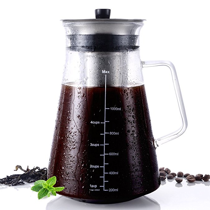 （NEW 2018) Airtight Cold Brew Iced Coffee Maker--BPA-Free Iced Tea Brewer with Durable Borosilicate Glass Pitcher-- Removable Stainless Steel Dual-mesh Filter, Easy Wash, 6 Cups Capacity (34oz/1L)