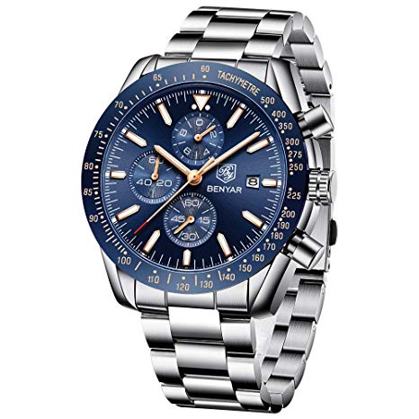BENYAR Mens Watches Waterproof Chronograph Analog Quartz Watch Men Luxury Brand Business Wristwatch with Stainless Steel Band