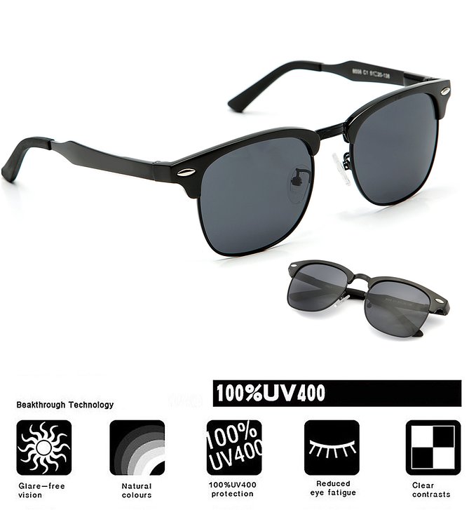 Dollger Classic Wayfarer Sunglasses Clubmaster Style Metal Frame Polarized Lens