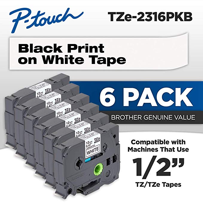 Brother Genuine P-Touch, TZe-231 6 Pack Tape ½” (0.47”) x 26.2 ft. (8m) 6-Pack Laminated P-Touch Tape, Black on White, Perfect for Indoor or Outdoor Use, Water Resistant, TZE2316PKB (tze231)