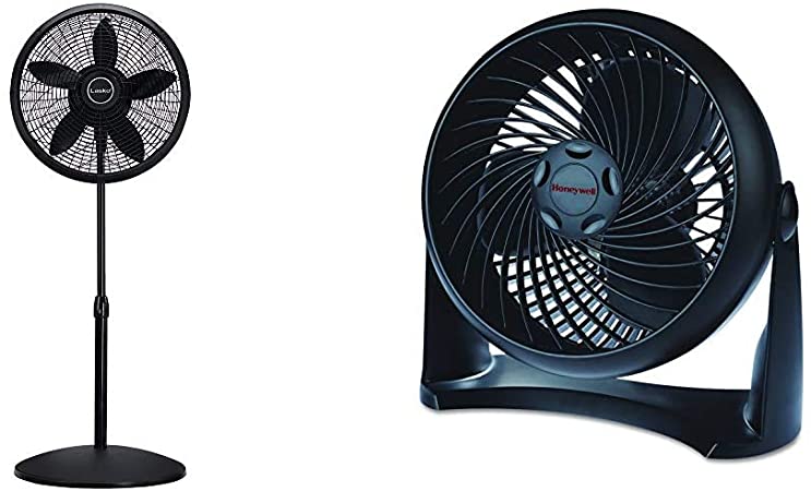 Lasko 1827 18″ Elegance & Performance Adjustable Pedestal Fan, Black - Features Oscillating Movement Tilt-back Fan Head & Honeywell HT-900 TurboForce Air Circulator Fan Black