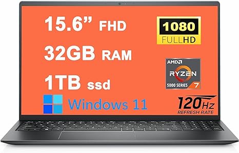 Dell 2023 Newest Inspiron 15 3525 Laptop, 15.6" FHD Display, AMD Ryzen 7 5825U(Beats i7-12650H), 32GB DDR4 RAM, 1TB SSD, AMD Radeon Graphics, Wi-Fi, Bluetooth, Windows 11 Home, Black