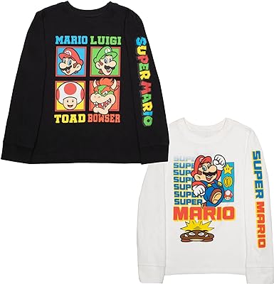 Nintendo Kids Super Mario Bros Mario & Luigi Boys Long Sleeve 2-Pack T-Shirt Bundle Set for Boys