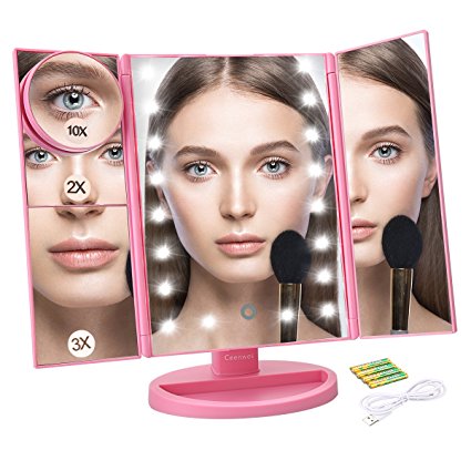 Ceenwes Makeup Mirror Trifold Touch Screen Vanity Mirror with 21 LED Lights Lighted makeup mirror with 4 Magicfly 10/3/2/1X Mirror Dual Power Supply 180°Adjustable Stand Light Up Mirror for Cosmetic