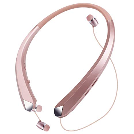 Bluetooth Retractable Headphones, Joyphy Wireless Earbuds Neckband Headset Sports Sweatproof Earphones with Mic (Rose Gold)
