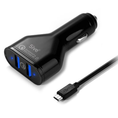 [Qualcomm Certified] 5ive® Dual Port Quick Charger 2.0 36w 2 Smart Port USB Car Charger Adapter Quick Charge for Galaxy S6 Edge Plus, Note 5 4 Edge, Nexus 6, Xperia Z4 Z3 and More (Black)