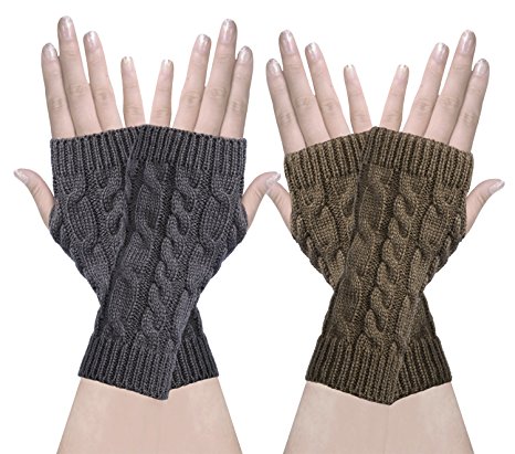 Oryer 2 Pairs Womens Winter Knit Long Fingerless Gloves - Thumbhole Arm Warmers