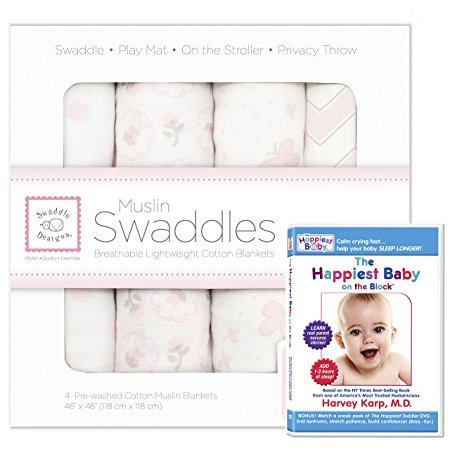 SwaddleDesigns Muslin Swaddle 4pack with The Happiest Baby DVD Bundle, Butterfly Fun, Pastel Pink