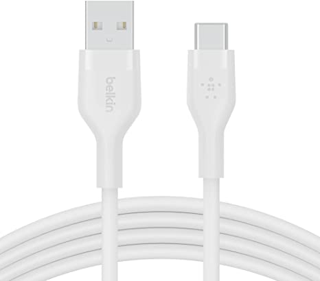 Belkin BoostCharge Flex Silicone USB Type C to A Cable (2M/6.6FT), USB USB-IF Certified USB-C Charging Cable for iPad Pro, Galaxy S21, Ultra, Plus, Note 20, Pixel, and More - White