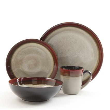 Gibson Couture Bands 16-Piece Dinnerware Set, Red and Cream