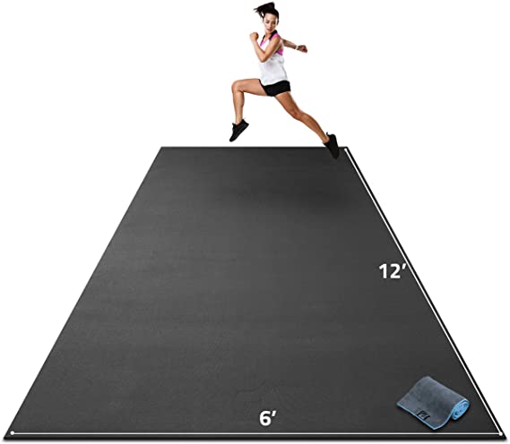 Premium Extra Large Exercise Mat - 12' x 6' x 1/4" Ultra Durable, Non-Slip, Workout Mats for Home Gym Flooring - Plyo, MMA, Cardio Mat - Use with or Without Shoes (144" Long x 72" Wide x 6mm Thick)