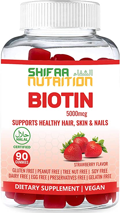 Vegan High Potency Hair Growth Biotin Gummies by SHIFAA NUTRITION - Hair Skin and Nails Vitamins for Women, Kids, Men - Gummy Vitamins Prevents Hair Loss - 5000 mcg Non-GMO - Halal Vitamins 90 Count