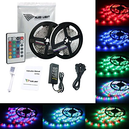 ALED LIGHT 2x5M (10M in Total) 3528 SMD 600 Led RGB Strip,Flexible Led Strip Ribbon with 6A Power Adapter 24 Key IR Remote Controller Box.Decorative Led Strip Light for Holiday, Event, Show Exhibition