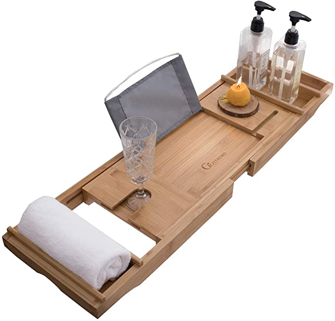 GEZITREND Luxury Bamboo Bathtub Caddy Tray Bathroom Furniture Expandable and Nonslip Bath Caddy with Book/Tablet and Wine Glass Holder Free Soap Holder Great Gift (Natural)