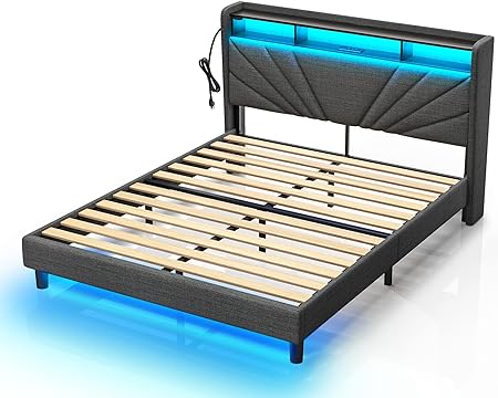 Rolanstar Queen Size Bed Frame, Storage Headboard with Charging Station and LED Lights, Upholstered Bed with Heavy Duty Wood Slats, No Box Spring Needed, Noise Free, Easy Assembly, Dark Grey