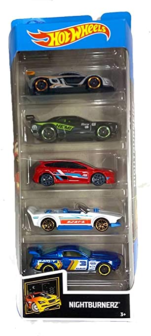 Hot Wheels Cars Nightburnerz 5-Pack (Renault Sport R.S. 01, Dodge Challenger Drift Car, Ford Focus RS, Track Manga and Custom `12 Ford Mustang)