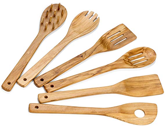 Hudson Essentials Olive Wood Cooking Utensils Set - 6 Piece Hand Made Natural Cooking Tools - Includes Slotted, Pasta and Stirring Spoons, Spatulas, and Spork (6 Piece Set)